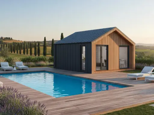 Case prefabbricate senza concessione edilizia: un'oasi di relax in campagna con piscina e vista panoramica.