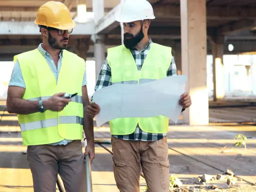 Due operai con caschi e giubbotti ad alta visibilità esaminano un progetto. Uno, il responsabile dei lavori, indica un dettaglio.