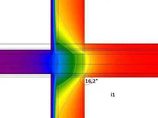 Analisi termica di un angolo, evidenzia il ponte termico e le possibili soluzioni. Temperatura 16,2°.