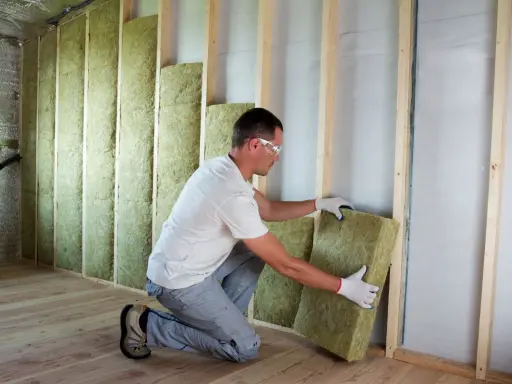 Operaio posiziona pannelli in fibra di legno per cappotto interno, creando un ambiente più confortevole e isolato.