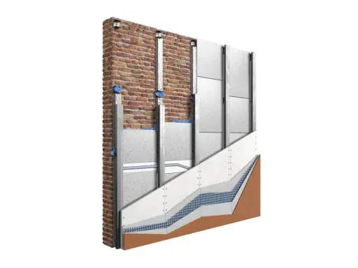 Sezione di un muro con isolamento termico e rivestimento esterno, illustra un intervento di efficientamento energetico.