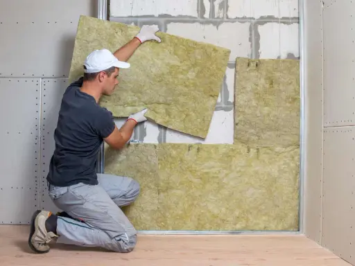 Operaio posiziona pannelli per isolamento termico soffitto dall'interno. Lavori di ristrutturazione in corso.