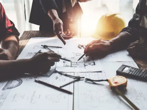 Architetti discutono progetti, cercando soluzioni per sanare un abuso edilizio commesso dal precedente proprietario.