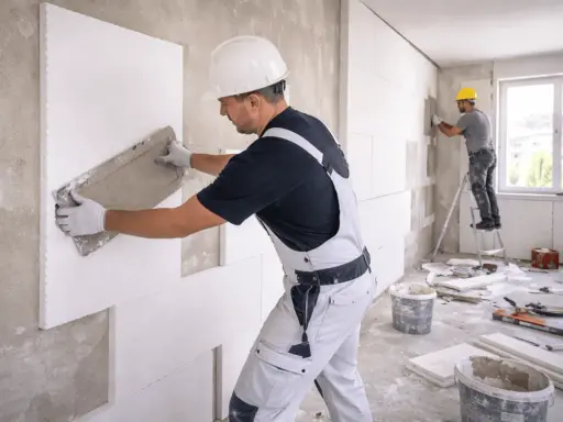 Operai applicano pannelli per l'isolamento termico delle pareti, un passo fondamentale per il comfort e il risparmio energetico.