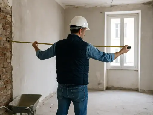 Operaio con metro misura muro grezzo in stanza in fase di ristrutturazione, cantiere in sanatoria.