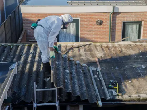 Operaio in tuta protettiva rimuove eternit da tetto di un edificio in linea.