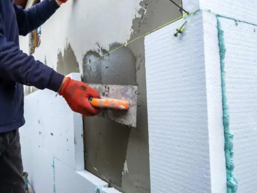 Lavoratore applica intonaco su pannelli isolanti per creare una parete a cappotto.