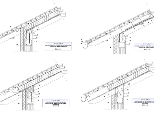 Dettaglio costruttivo: collegamento cordolo-trave in legno con falsi-puntone avvitato.