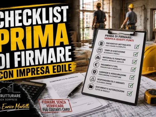 Checklist per firmare un contratto d'appalto con un'impresa edile: preventivo, tempi, materiali, pagamenti, garanzie, responsabilità e documenti.