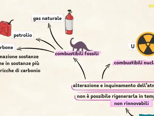 Diagramma che illustra la trasformazione di carbone, petrolio e gas naturale in combustibili fossili, con un risparmio stimato di energia primaria non rinnovabile.