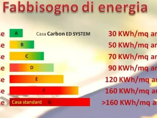 Tabella classe energetica casa: da A (30 KWh/mq annuo) a G (>160 KWh/mq annuo), con valori intermedi.