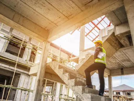 Ingegnere con caschetto giallo e giubbotto ad alta visibilità, con progetti in mano, osserva la **soletta edilizia** in cemento grezzo di un cantiere in costruzione.