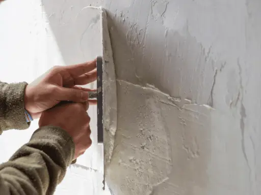 Mani esperte creano una finitura a frattazzo su un muro grezzo, dando forma alla texture.