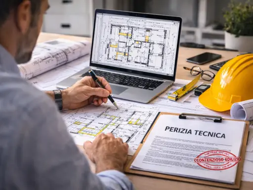 Un professionista esamina un progetto edilizio, con un laptop che mostra planimetrie e un documento intitolato "Perizia Tecnica".