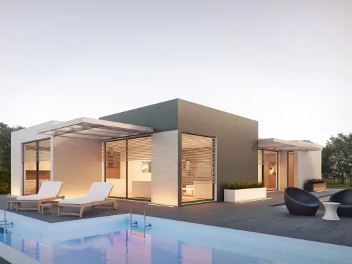 Moderna casa in Xlam con piscina e lettini. Valutare i case in Xlam pro e contro per un'abitazione sostenibile e di design.