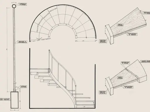 Disegno tecnico di una scala a chiocciola con dettagli sui materiali e sulla struttura portante, conforme alla normativa scale.