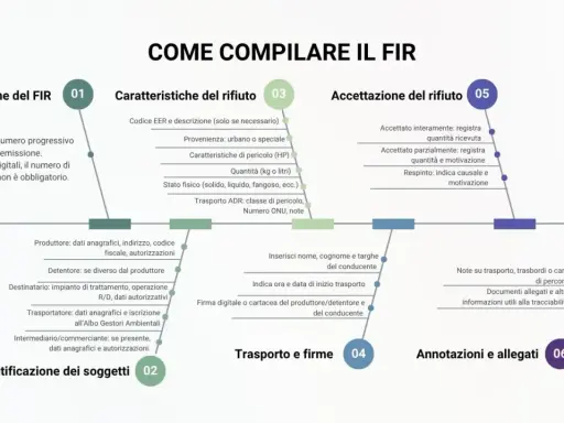 Schema per compilare il formulario rifiuti edili (FIR): intestazione, caratteristiche, accettazione, soggetti, trasporto e firme, annotazioni.