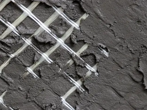 Rete in fibra di vetro coperta da malta grigia, un dettaglio di un intervento locale per rinforzare una superficie.