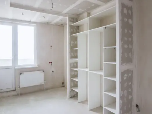 Un armadio bianco con ripiani è in fase di installazione. Sopra l'armadio, si intravede il cartongesso del soffitto, in attesa di finitura.