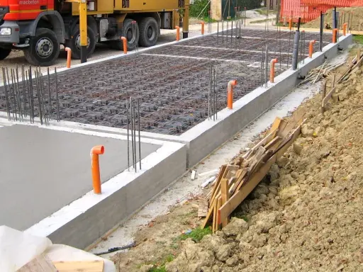 Costruzione in corso: rete di armatura e tubi arancioni per l'aerazione vespaio. Cemento fresco e un camion Beton.