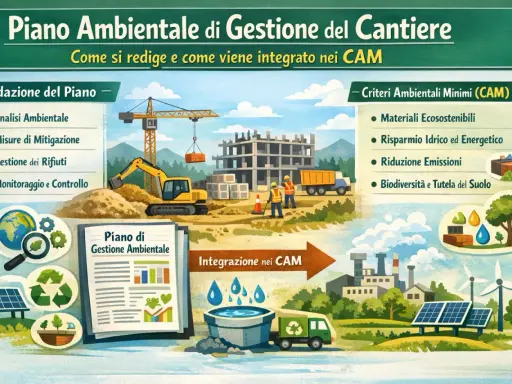 Illustrazione che mostra le fasi di un piano ambientale di cantierizzazione: redazione, integrazione nei CAM e criteri ambientali minimi, con elementi grafici di un cantiere e un impianto industriale.