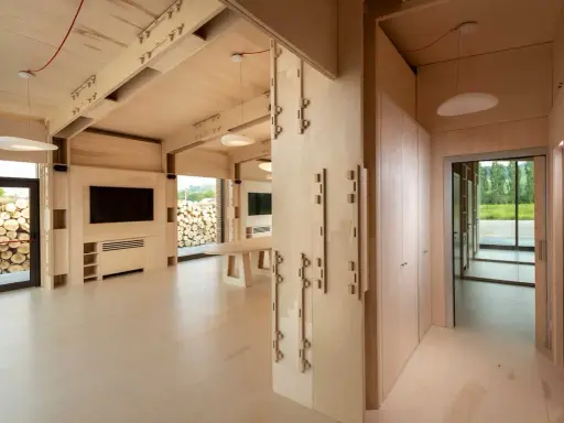 Interno di moderni edifici in legno con travi a vista, pareti in compensato e un'area living con TV.