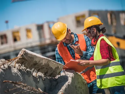 Due operai con caschi gialli e giubbotti ad alta visibilità discutono un progetto di **construction management** su un cantiere.