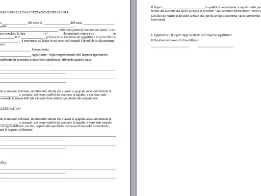 Verbale di fine lavori privati fac simile: documento per accettazione lavori, con spazi per committente, appaltatore e direttore lavori.