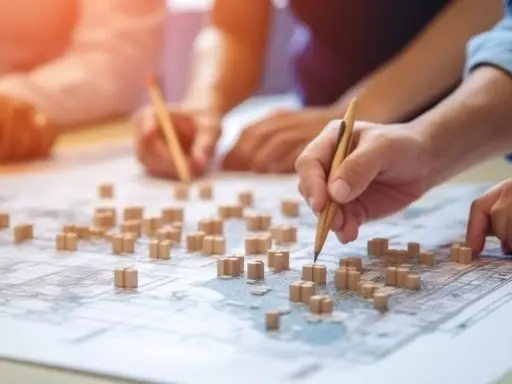 Mani che studiano una mappa con modelli di edifici, per capire cosa sono gli standard urbanistici e come definire lo sviluppo di una città.