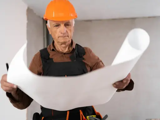 Un esperto capomastro, con casco arancione, studia attentamente un progetto, dimostrando il vero significato di guida e competenza in cantiere.