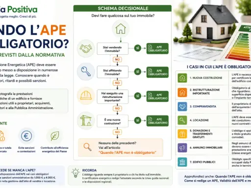 Schema decisionale sull'APE: quando è obbligatorio? Vendita, affitto, ristrutturazione o nuova costruzione rendono l'Attestato di Prestazione Energetica necessario.