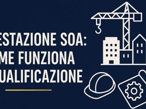 Attestazione SOA: come funziona la qualificazione. Icone di cantiere, casco e progetto.