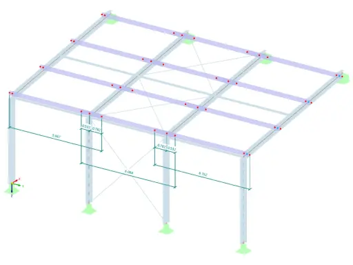 Modello 3D di una struttura metallica con pilastri, travi e controventature. Evidenziato un giunto strutturale con quote dimensionali.