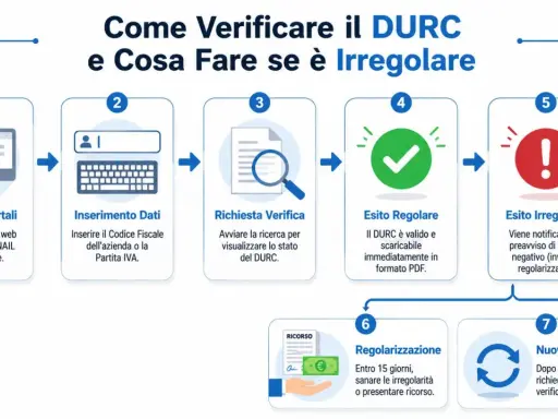 Schema su come verificare il DURC: accesso portali, inserimento dati, richiesta verifica, esito regolare o irregolare, regolarizzazione e nuova verifica.