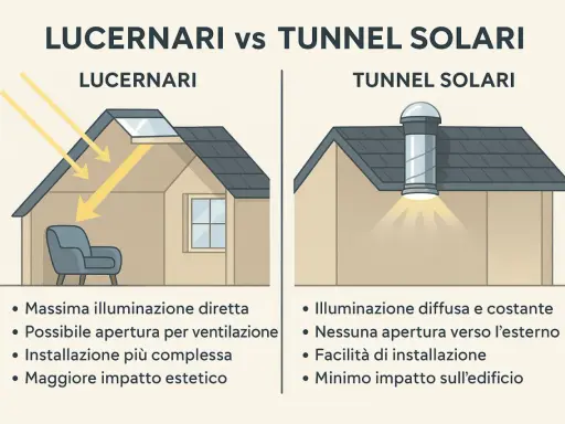 Confronto tra lucernari e tunnel solari: il lucernario porta luce diretta, il tunnel solare diffusa. Entrambi migliorano la luce solaio.