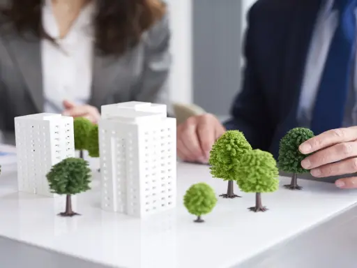 Modelli di edifici e alberi su un tavolo, che illustrano il **social housing significato** e la pianificazione urbana sostenibile.