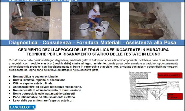 Tecnici al lavoro per il restauro travi in legno, con betoncino epossidico e barre in VTR/inox.