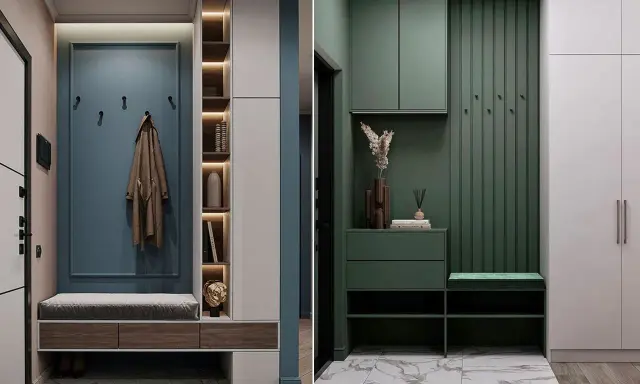 Ingressi in cartongesso moderni con panche, mensole illuminate e armadi a muro. Uno con cappotto appeso, l'altro con decorazioni verdi.