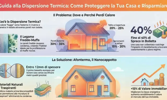 Illustrazione che mostra la dispersione termica in una casa, con soluzioni come il nanocoat per migliorare l'involucro edilizio e aumentare il valore immobiliare.