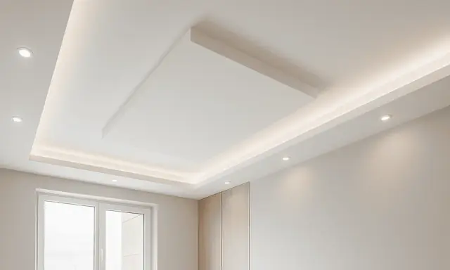 Soffitto moderno con controsoffitto in cartongesso, illuminazione a LED integrata e un pannello centrale sospeso.