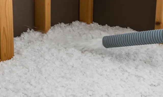 Installazione di isolamento soffiato. Attenzione: la lana di vetro è cancerogena.