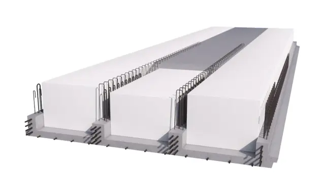Sezione di un solaio in calcestruzzo armato precompresso con elementi prefabbricati in polistirene e armature metalliche.