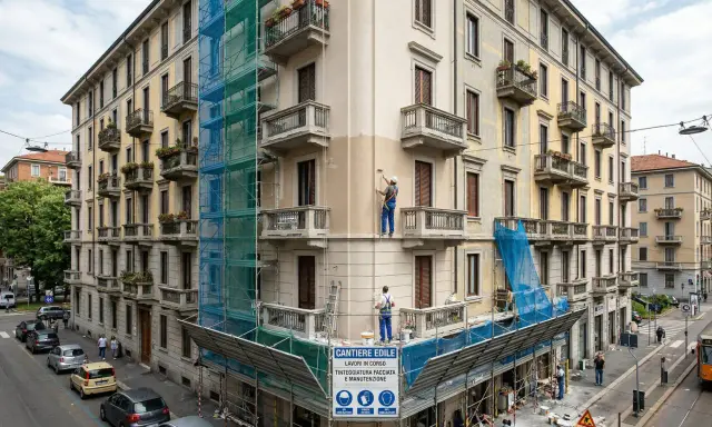 Lavoratori in azione per dipingere casa esterno, con impalcature e teli blu che coprono la facciata in ristrutturazione.