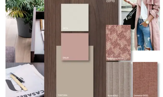 Moodboard con palette di colori da abbinare al rosa antico: tonalità neutre, tessuti e un tocco di denim.