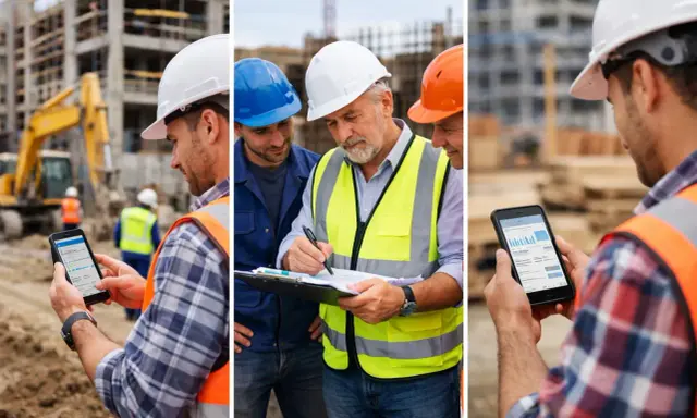 Operai in un cantiere consultano un libro giornale digitale su smartphone e tablet, coordinando i lavori.