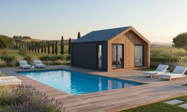 Case prefabbricate senza concessione edilizia: un'oasi di relax in campagna con piscina e vista panoramica.
