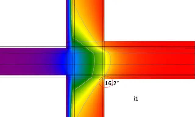 Analisi termica di un angolo, evidenzia il ponte termico e le possibili soluzioni. Temperatura 16,2°.