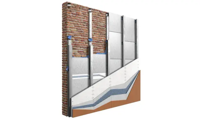 Sezione di un muro con isolamento termico e rivestimento esterno, illustra un intervento di efficientamento energetico.