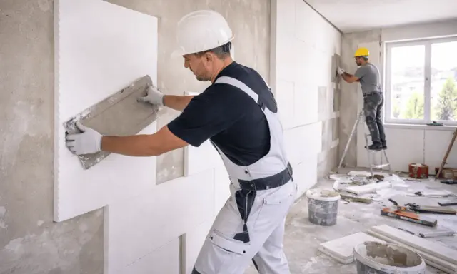 Operai applicano pannelli per l'isolamento termico delle pareti, un passo fondamentale per il comfort e il risparmio energetico.