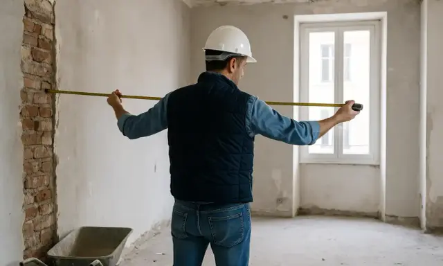 Operaio con metro misura muro grezzo in stanza in fase di ristrutturazione, cantiere in sanatoria.